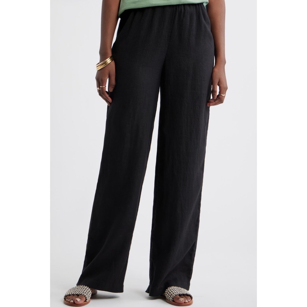 Caslon Womens XL Black Linen Blend Wide Leg Elastic Waist Pull On Pants